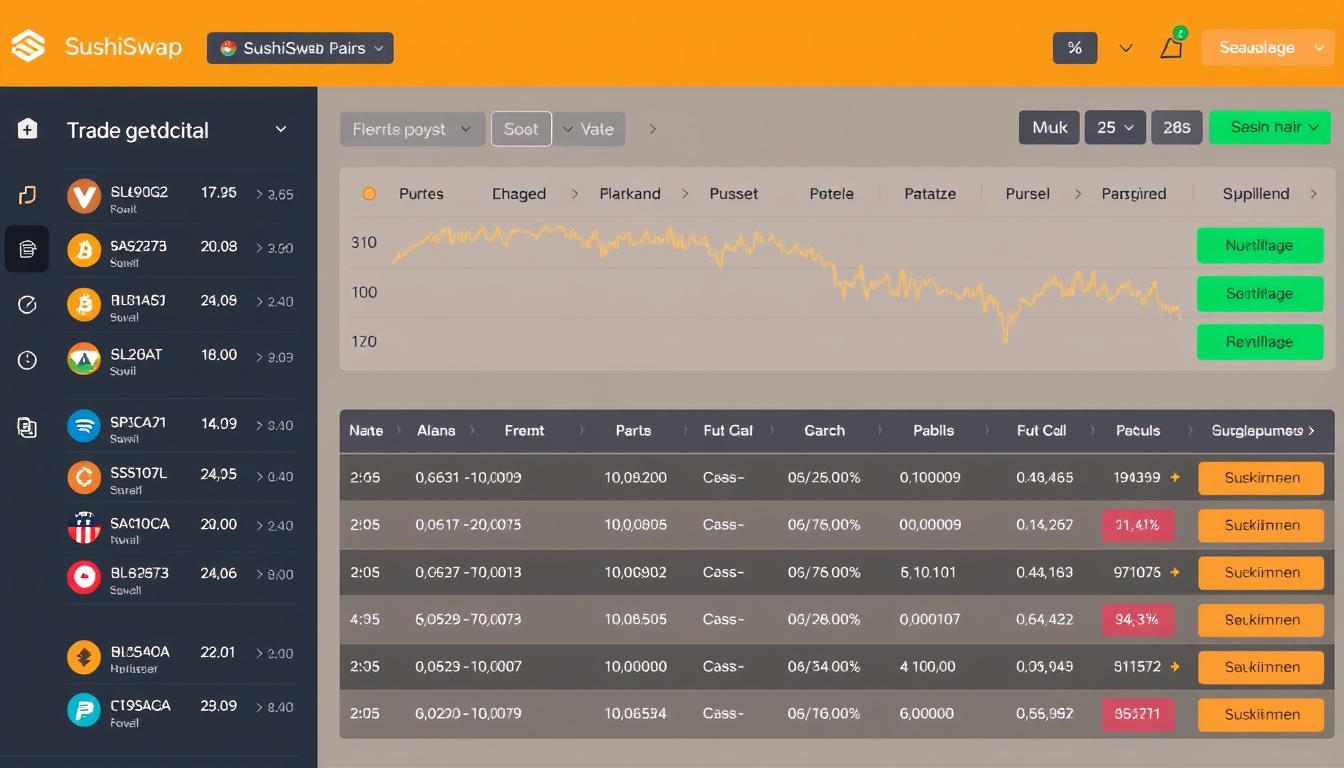 SushiSwap Trading Interface mit verschiedenen Krypto-Handelspaaren und Chart-Ansicht