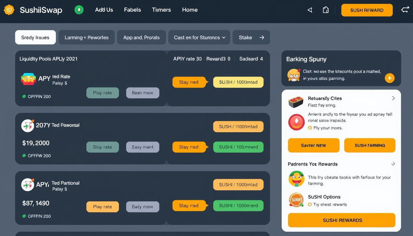 SushiSwap Yield Farming Interface mit verschiedenen Liquiditätspools und APY-Angaben